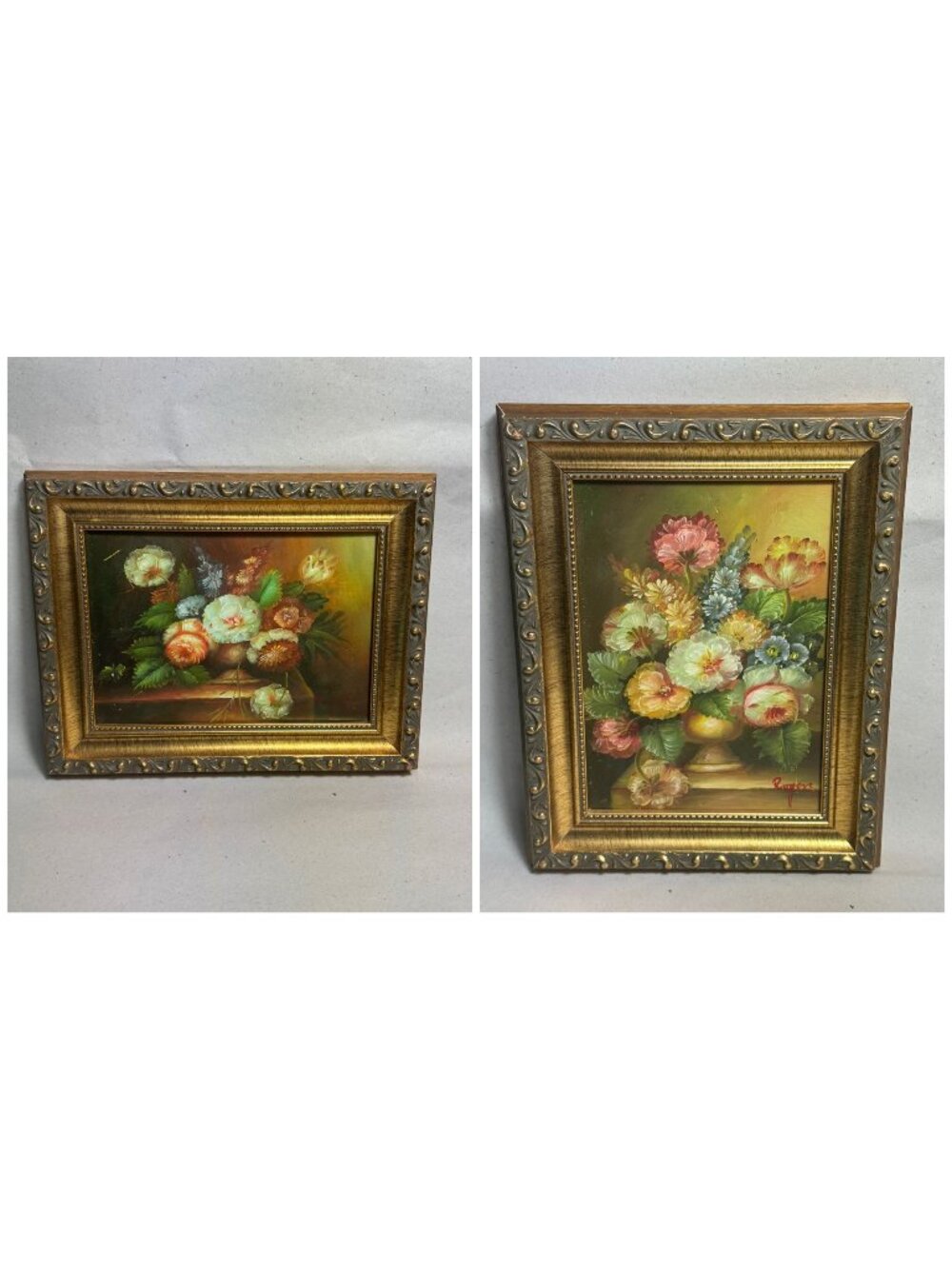 2 Vintage Floral Still Life Oil Paintings By Rogers In Ornate Gold Frames